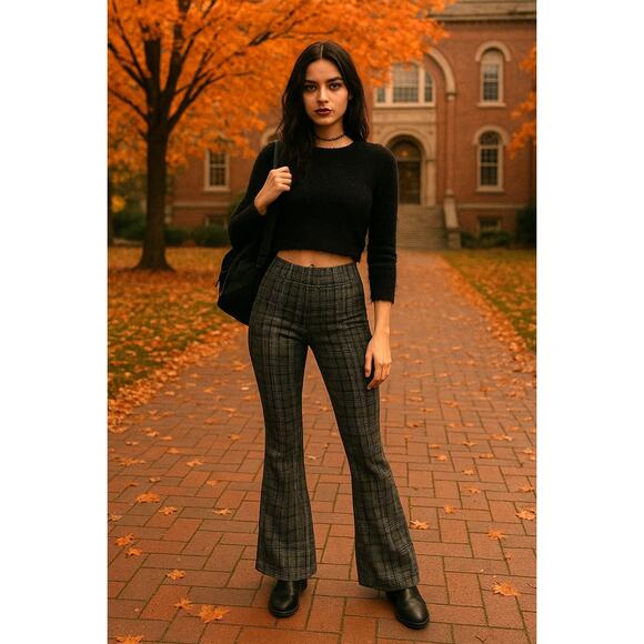 Abercrombie & Fitch High Rise Pull On Plaid Flare Pants | Black Tan | SZ S - Picture 1 of 10